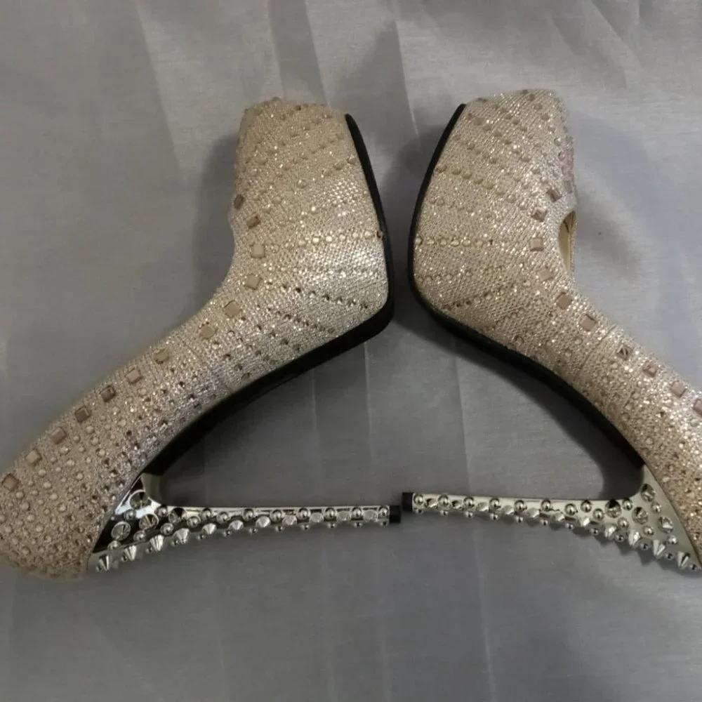 Champagne Rose Rhinestone Gold Spiked Heel 5 1/2in Platform Stiletto